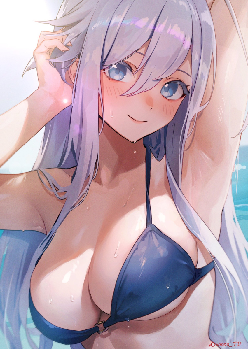 1girl 86_-eightysix- armpits arms_up bikini blue_bikini blue_eyes blush breasts closed_mouth hair_between_eyes highres large_breasts long_hair looking_at_viewer mole smile solo sooon swimsuit upper_body vladilena_millize wet white_hair