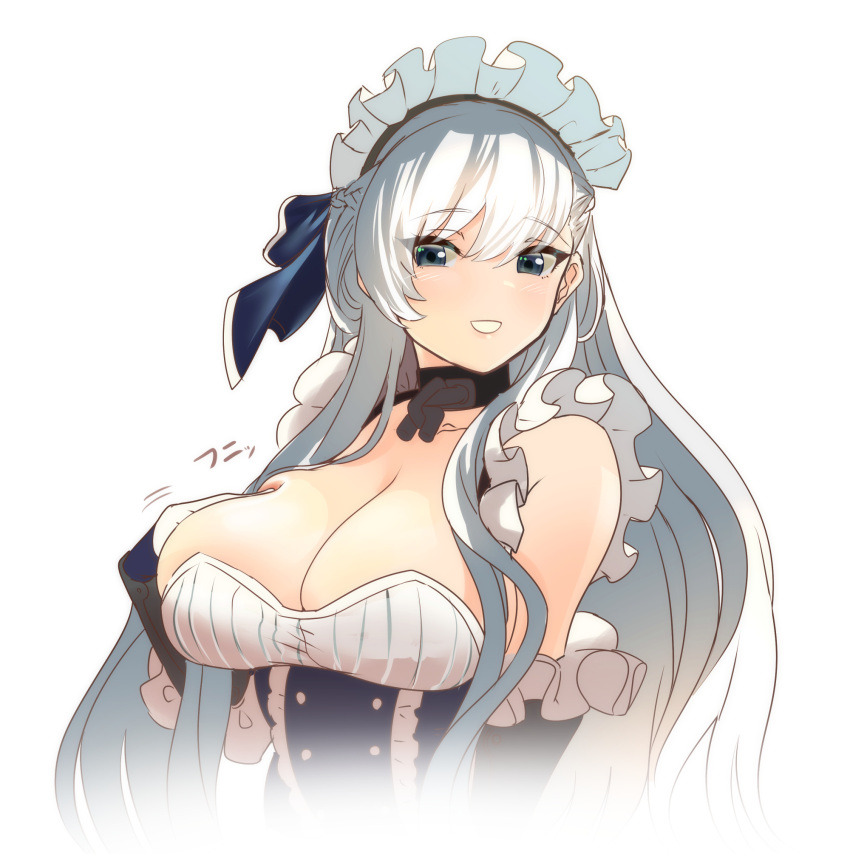 1girl apron azur_lane belfast_(azur_lane) blue_eyes blush breasts chain choker cleavage commentary elbow_gloves eyebrows_hidden_by_hair gloves hair_between_eyes hair_ribbon hand_on_own_chest hey_taisyou highres large_breasts long_hair looking_at_viewer maid maid_apron maid_headdress ribbon simple_background solo white_background white_hair