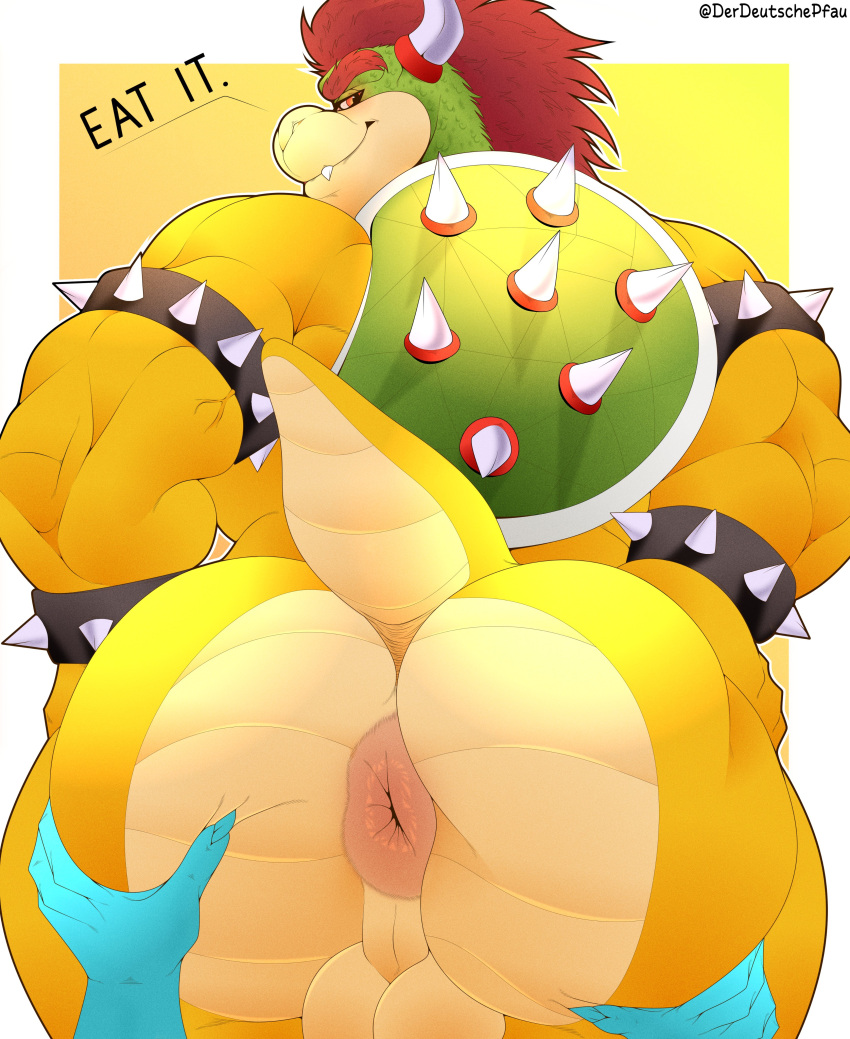 2023 absurd_res anal_request anthro anus armband astor_the_peacock backsack balls bedroom_eyes big_anus big_balls big_butt big_muscles border bowser bracelet butt butt_grab butt_squish claws deltoids dialogue english_text eyebrows first_person_view genitals hair hand_on_butt hi_res horn huge_butt huge_muscles huge_thighs jewelry koopa looking_at_viewer looking_back looking_back_at_viewer male mario_bros muscular muscular_anthro muscular_male narrowed_eyes nintendo non-mammal_balls nude oral_request perineum presenting presenting_anus puffy_anus rimming_request scalie seductive shell simple_background smile solo spiked_armband spiked_bracelet spiked_shell spikes spikes_(anatomy) spread_butt spreading squish talking_to_viewer teeth text thick_thighs triceps url white_border yellow_background