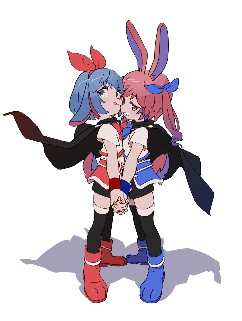 2girls :q absurdres animal_ears aqua_eyes armor black_cape black_skirt black_thighhighs blue_bow blue_bowtie blue_footwear blue_hair blue_wristband boots bow bowtie cape closed_mouth faulds from_side gradient_hair grin hair_bow highres holding_hands interlocked_fingers looking_at_viewer lop_rabbit_ears matching_outfits multicolored_hair multiple_girls nse omega_rei omega_rio omega_sisters paw_shoes pink_hair purple_hair rabbit_ears red_bow red_bowtie red_footwear red_hair red_wristband ringlets shirt short_hair short_sleeves siblings sisters skirt smile streaked_hair sweatband thighhighs tongue tongue_out twintails virtual_youtuber white_shirt yellow_eyes