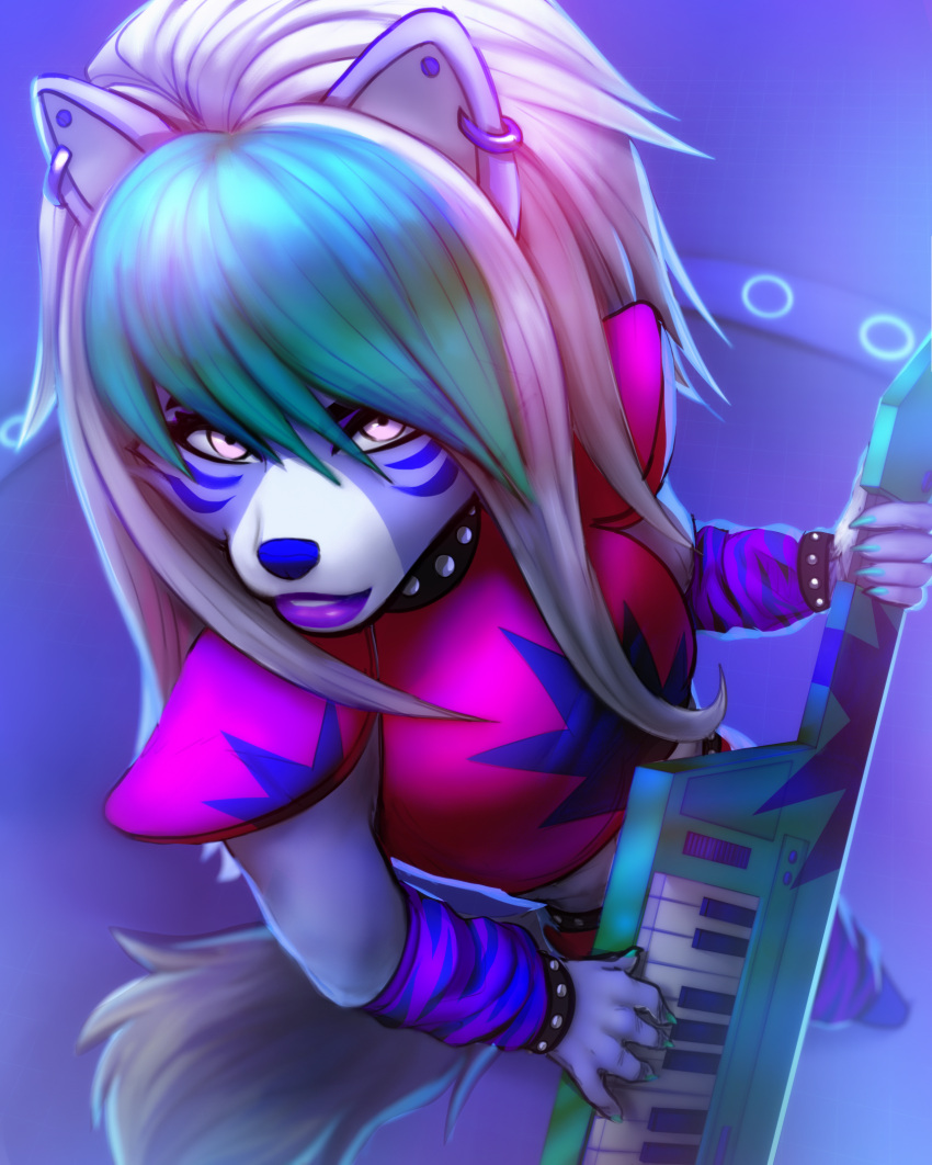 2023 5_fingers anthro arm_warmers armor armwear blue_eyes blue_nose bracelet canid canine canis clothed clothing collar ear_piercing ear_ring eyebrows eyelashes female fingers five_nights_at_freddy's five_nights_at_freddy's:_security_breach fully_clothed green_highlights grey_hair hair hi_res high-angle_view highlights_(coloring) holding_musical_instrument holding_object jewelry keyboard_instrument keytar leg_warmers legwear lipstick llaviara long_hair looking_at_viewer makeup mammal musical_instrument pauldron piercing ring_piercing roxanne_wolf_(fnaf) scottgames shirt smile solo spiked_collar spikes standing steel_wool_studios tank_top topwear wolf