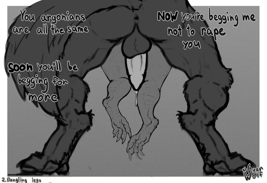 absurd_res ambiguous_gender anthro anus argonian bethesda_softworks bodily_fluids butt canid canine carrying_another dangling_legs dripping duo forced genital_fluids genitals hi_res imminent_rape imminent_sex low-angle_view male mammal paws penis precum precum_drip rear_view scalie skyrim skyrim_werewolf standing text the_elder_scrolls vyarwolf were werecanid werecanine werewolf