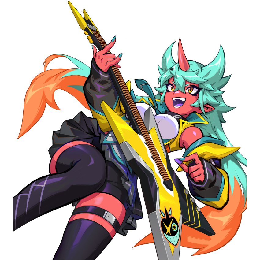 1girl artist_request bare_shoulders blue_hair colored_tongue demon_girl detached_sleeves electric_guitar fangs guitar heart highres horns instrument light_blue_hair long_hair multicolored_hair necktie non-web_source official_art omega_strikers open_mouth orange_hair playing_guitar purple_tongue shorts shorts_under_skirt single_horn sleeveless smile solo thigh_strap thighighs two-tone_hair vyce_(omega_strikers) yellow_eyes