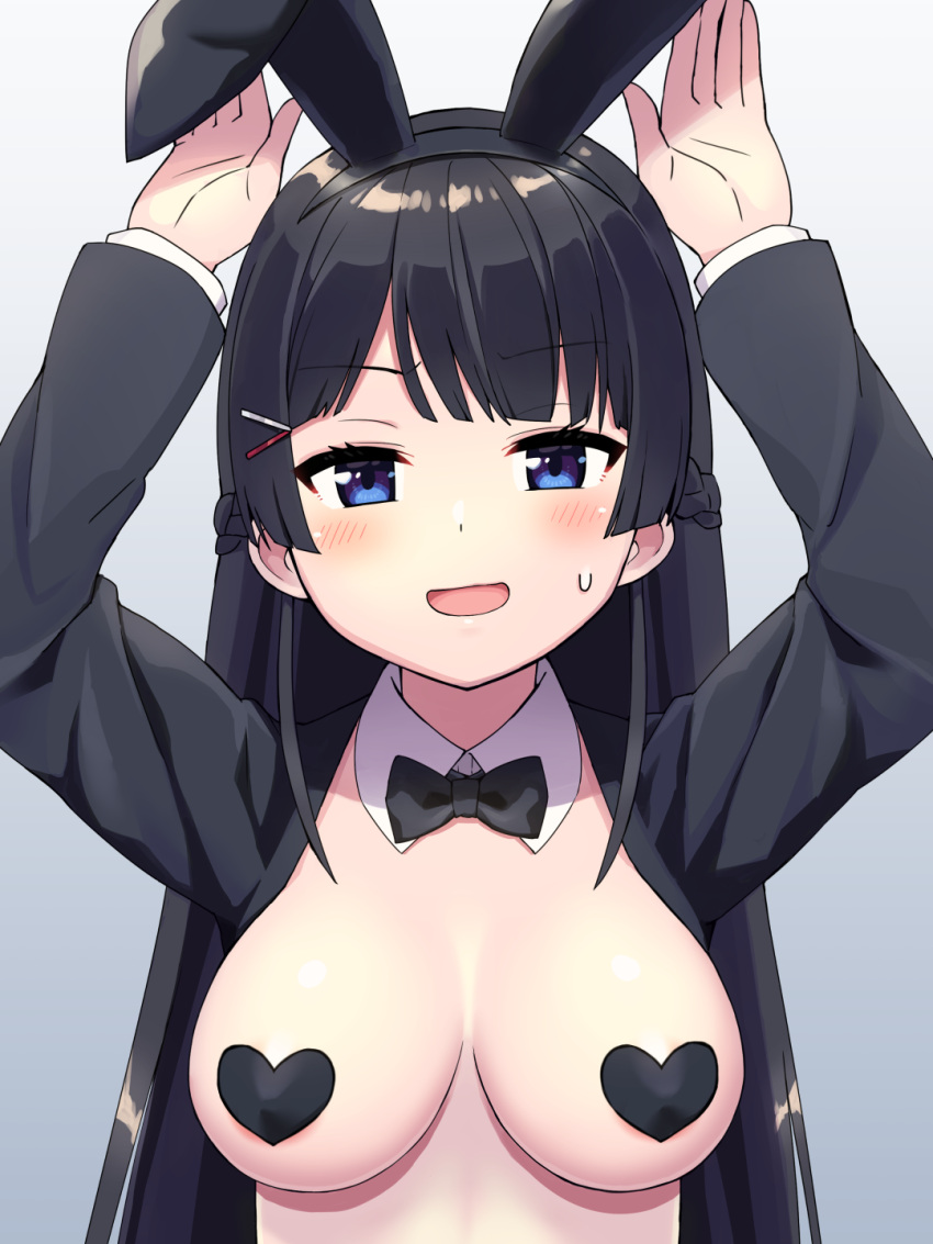 1girl :d animal_ears arms_up black_bow black_bowtie black_hair black_hairband blue_eyes blush bow bowtie braid breasts collar commentary_request commission detached_collar fake_animal_ears grey_background hair_ornament hairband hairclip heart_pasties highres long_hair looking_at_viewer medium_breasts meme_attire nijisanji pasties pixiv_commission rabbit_ears reverse_bunnysuit reverse_outfit simple_background smile solo sweat tsukino_mito tsunaso_(lack_of_sunlight) upper_body very_long_hair virtual_youtuber white_collar wing_collar