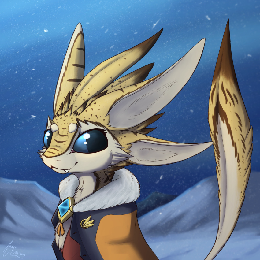 2023 4_ears anthro ardeo avali big_eyes big_pupils blue_eyes brown_markings cheek_tuft cloak clothed clothing cute_fangs digital_media_(artwork) facial_tuft feather_hair feather_markings feathered_crest feathers female fur head_crest hi_res looking_aside markings multi_ear orange_body orange_fur outside portrait pseudo_hair pupils smile snow snowing solo solo_focus standing tail tail_feathers tan_body tan_fur teeth tuft