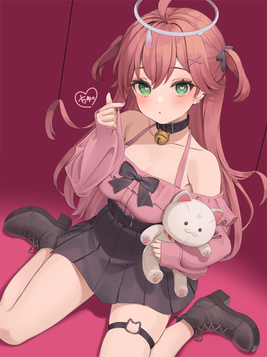 1girl 35p_(sakura_miko) absurdres ahoge bare_shoulders bell belt_collar black_footwear black_skirt blue_halo blush breasts collar commentary_request darling_dance_(vocaloid) earrings finger_heart green_eyes halo halterneck hanazawa_ma heart heart-shaped_pupils highres hololive jewelry long_hair long_sleeves looking_at_viewer medium_breasts neck_bell open_mouth pink_hair pink_shirt pleated_skirt sakura_miko shirt shirt_tucked_in shoes sitting skirt sleeves_past_wrists solo stuffed_animal stuffed_toy symbol-shaped_pupils thigh_strap two_side_up virtual_youtuber wariza