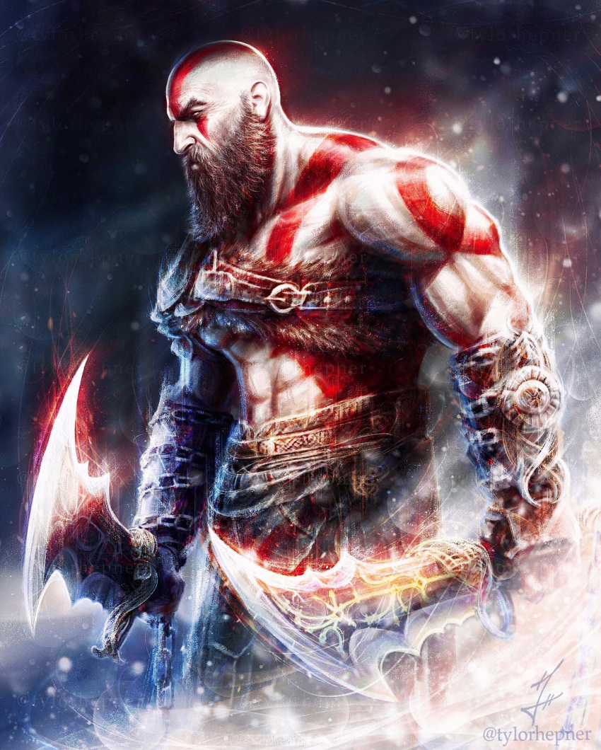 1boy abs armor bald beard blades_of_chaos chain_blades commentary elbow_gloves english_commentary facial_hair facial_tattoo gloves god_of_war god_of_war_ragnarok highres holding holding_weapon instagram_username kratos leather light_particles long_beard looking_to_the_side male_focus mature_male muscular muscular_male mustache profile shoulder_armor shoulder_tattoo signature single_bare_shoulder solo tattoo toned toned_male tylor_hepner weapon