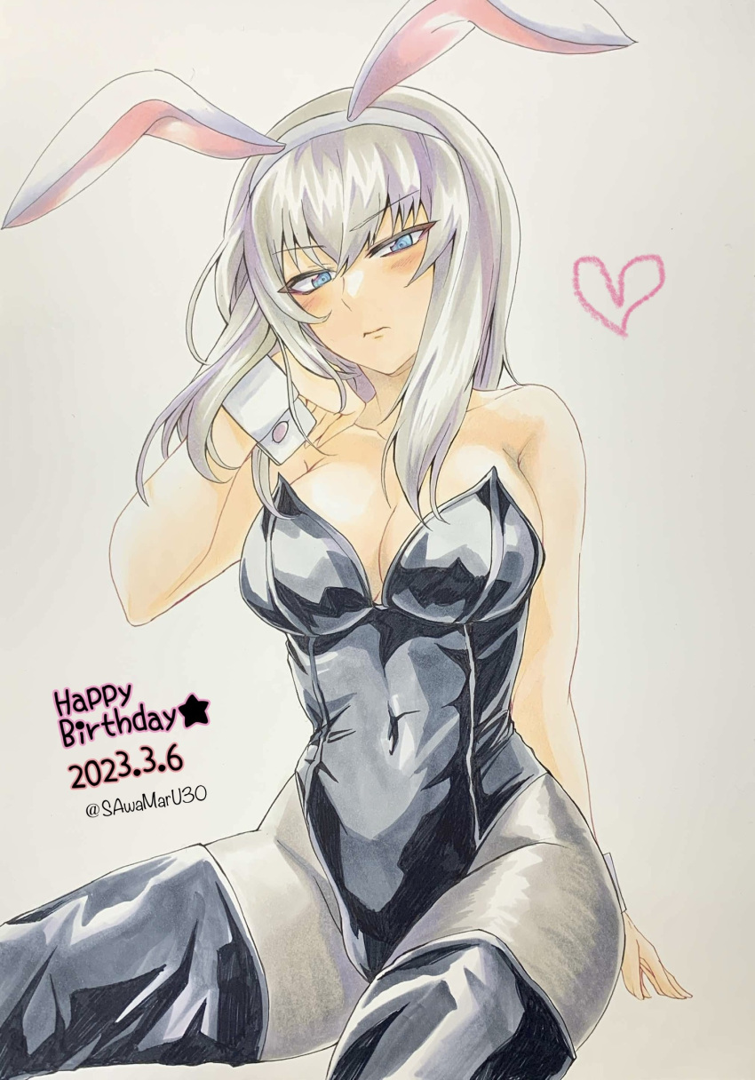 1girl animal_ears arm_behind_back bare_shoulders birthday black_footwear black_leotard blush boots breasts closed_mouth commentary covered_navel dated english_text fake_animal_ears frown girls_und_panzer grey_background grey_pantyhose half-closed_eyes hand_in_own_hair happy_birthday heart highres itsumi_erika leotard looking_at_viewer medium_breasts medium_hair pantyhose playboy_bunny rabbit_ears sawamaru30 simple_background sitting smile solo star_(symbol) strapless strapless_leotard thigh_boots traditional_media twitter_username wrist_cuffs