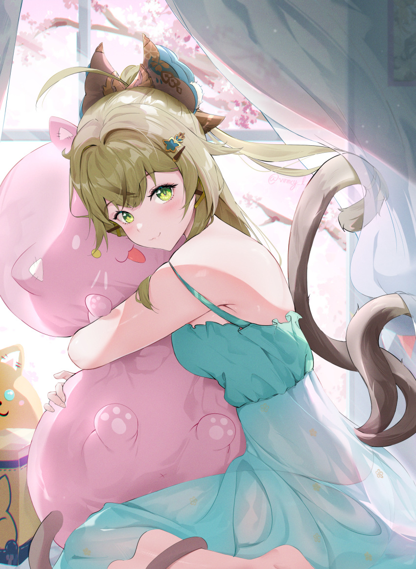 1girl absurdres ahoge animal_ears bare_shoulders cat_ears curtains dress genshin_impact green_eyes hair_ornament hairclip highres kirara_(genshin_impact) light_brown_hair long_hair looking_at_viewer multiple_tails object_hug smile solo stuffed_toy tail vincent_leo