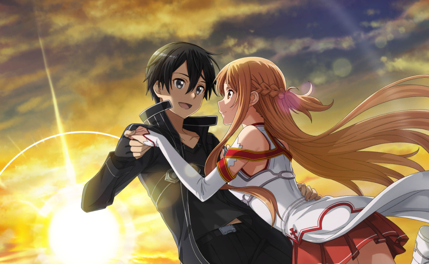 1boy 1girl :d asuna_(sao) black_coat black_hair black_pants black_shirt braid brown_eyes brown_hair closed_mouth coat collarbone couple day detached_sleeves eye_contact floating_hair grey_eyes hand_on_another's_hip hetero holding_hands kirito leg_up long_hair long_sleeves looking_at_another miniskirt open_clothes open_coat open_mouth outdoors pants pleated_skirt red_skirt shirt short_hair skirt smile sunrise sword_art_online very_long_hair white_sleeves