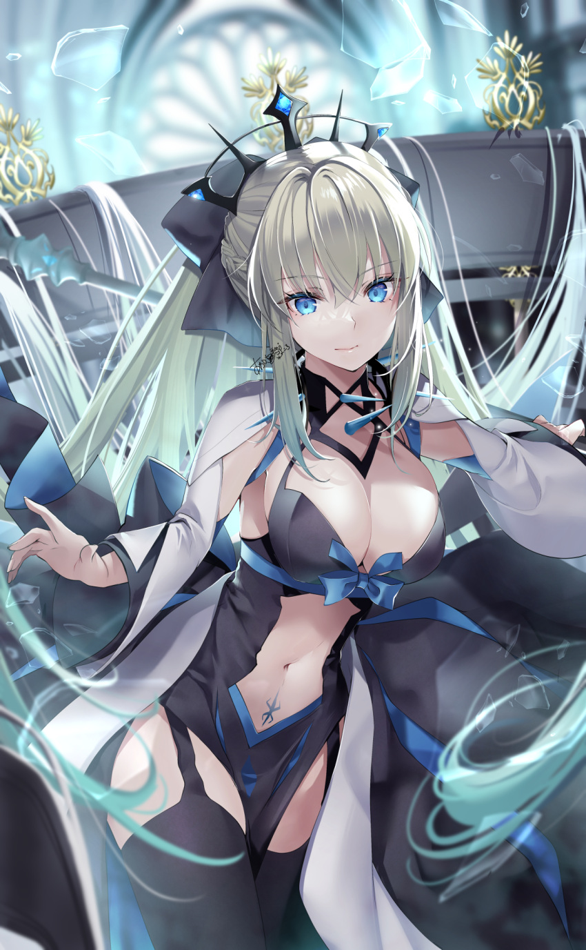 1girl akatsuki_hijiri black_bow black_dress black_thighhighs blue_eyes bow braid breasts center_opening cleavage dress fate/grand_order fate_(series) french_braid grey_hair hair_bow highres large_breasts long_hair long_sleeves looking_at_viewer morgan_le_fay_(fate) pelvic_curtain ponytail sidelocks solo spikes staff stomach_tattoo tattoo thighhighs thighs tiara two-tone_dress very_long_hair white_dress wide_sleeves