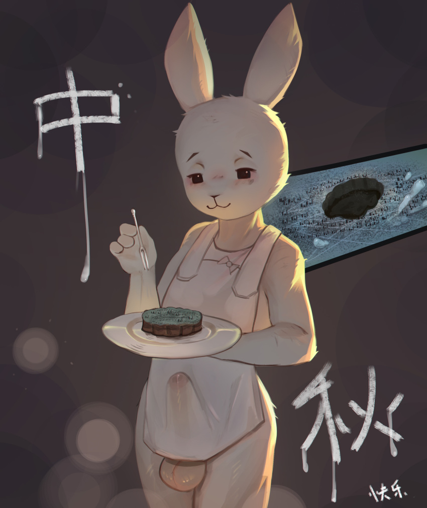 absurd_res apron apron_only balls beastars city clothed clothing erection erection_under_clothing festival genitals gynomorph haru_(beastars) hi_res intersex japanese_text lagomorph leporid macro mammal mid-autumn mooncakes netflix rabbit text ti-suger