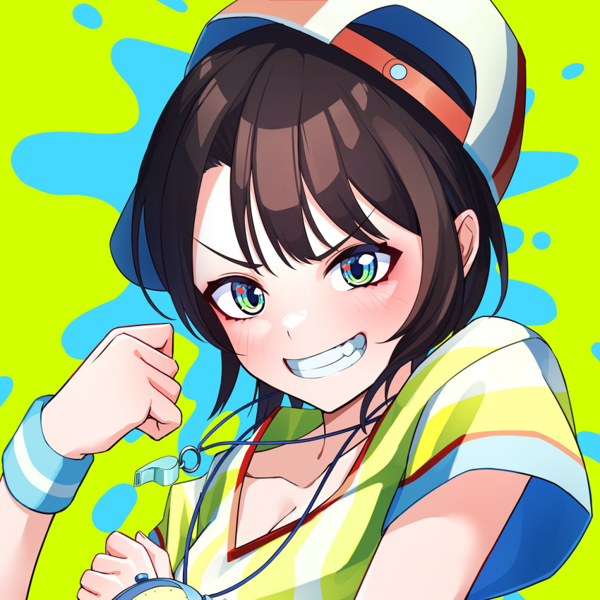 1girl aqua_eyes baseball_cap blush breasts brown_hair cleavage collarbone gradient_eyes green_background green_eyes hands_up hat highres hololive jersey kz6cz looking_at_viewer medium_breasts medium_hair multicolored_eyes oozora_subaru oozora_subaru_(1st_costume) parted_bangs shirt short_sleeves sidelocks sideways_hat solo striped striped_shirt sweatband swept_bangs teeth upper_body virtual_youtuber whistle whistle_around_neck