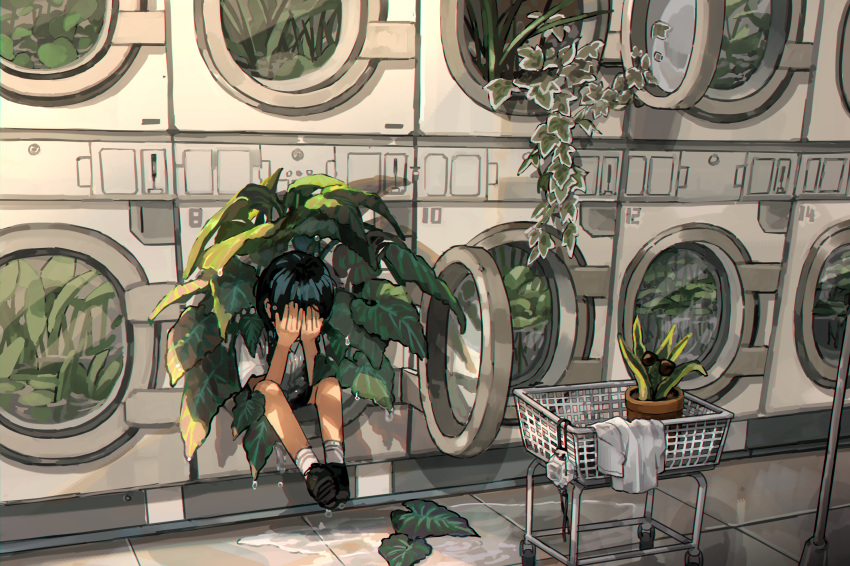 1girl absurdres black_footwear black_hair commentary covering_face crying english_commentary full_body highres indoors laundromat leaf long_hair mixed-language_commentary myango_(applemangocrape) original plant potted_plant puddle respirator shirt socks solo twintails unworn_shirt washing_machine wet wet_clothes white_shirt white_socks