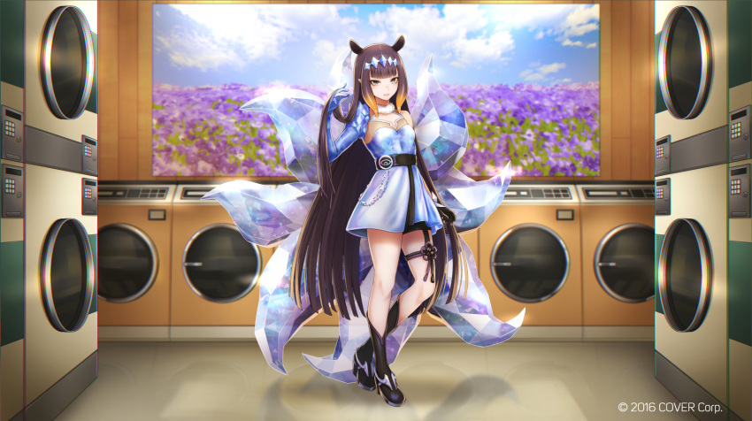 1girl ahri_(league_of_legends) ahri_(league_of_legends)_(cosplay) black_footwear black_hair blue_eyes blunt_bangs breasts cosplay fox_tail gradient_hair highres hololive hololive_english indoors k/da_(league_of_legends) k/da_ahri long_hair looking_at_viewer multicolored_hair multiple_tails ninomae_ina'nis orange_hair pointy_ears purple_hair re_(re_09) shoes sidelocks small_breasts solo tail teeth tentacle_hair virtual_youtuber washing_machine