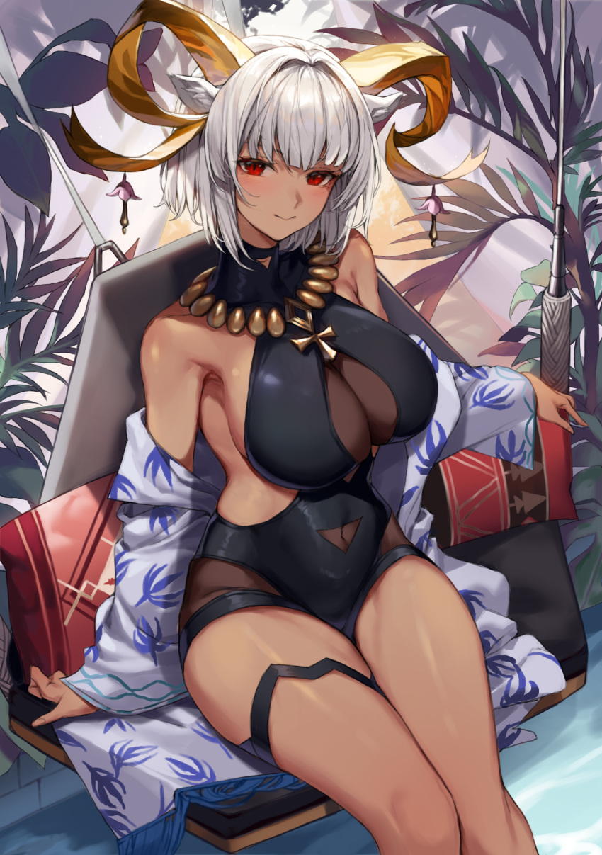 1girl absurdres animal_ears arknights black_one-piece_swimsuit breasts carnelian_(arknights) carnelian_(shimmering_dew)_(arknights) casual_one-piece_swimsuit clothing_cutout dark-skinned_female dark_skin goat_ears goat_girl goat_horns grey_hair hammock highres horn_ornament horns jewelry large_breasts looking_at_viewer molyb navel_cutout necklace official_alternate_costume one-piece_swimsuit red_eyes short_hair smile solo swimsuit white_hair