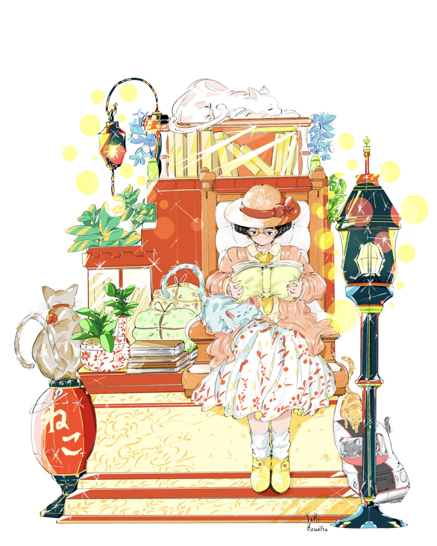 1girl absurdres book book_stack bow cat chair collared_shirt glasses grey_cat hat hat_bow hat_ribbon highres holding holding_book kawatsu_yuuki lantern leaf long_skirt long_sleeves necktie open_book orange_cat original plant potted_plant print_skirt red_bow red_ribbon ribbon shirt shoes signature skirt socks solo sparkle white_cat white_socks yellow-framed_eyewear yellow_footwear yellow_necktie yellow_shirt