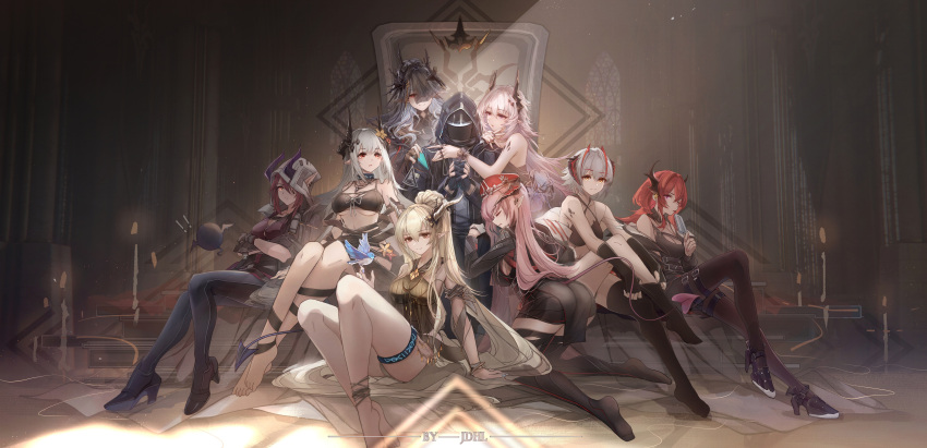 absurdly_long_hair absurdres antennae arknights barefoot bikini bird bird_on_hand black_bikini breasts casual_one-piece_swimsuit character_request demon_girl demon_horns demon_tail feet flower food grey_hair hair_flower hair_ornament highres horns ice_cream jueduihuoli long_hair mudrock_(arknights) mudrock_(silent_night)_(arknights) official_alternate_costume one-piece_swimsuit pink_hair pointy_ears ponytail purple_eyes red_hair shining_(arknights) shining_(silent_night)_(arknights) surtr_(arknights) swimsuit tail theresa_(arknights) thighs very_long_hair w_(arknights) yellow_flower