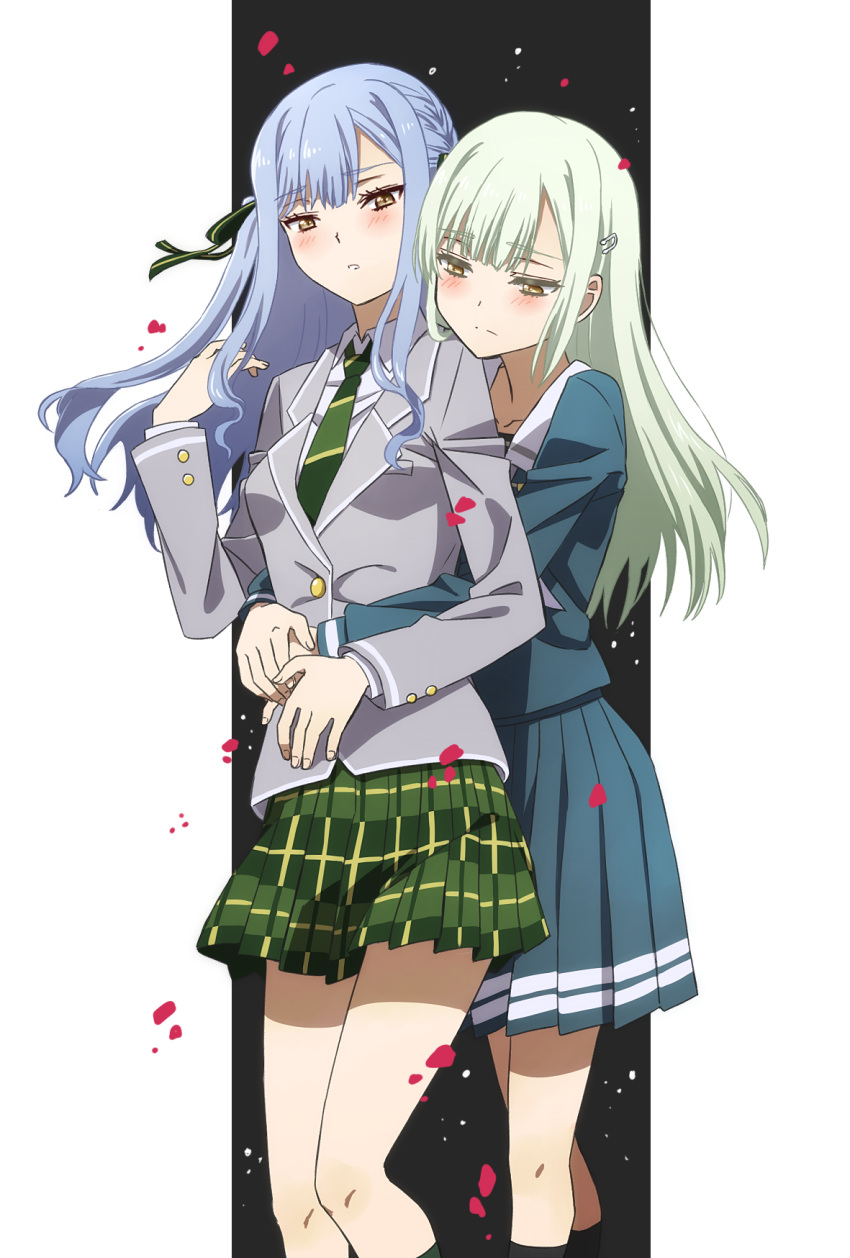 2girls bang_dream! bang_dream!_it's_mygo!!!!! black_socks blazer blonde_hair blue_hair blue_shirt blue_skirt collared_shirt commentary_request feet_out_of_frame green_necktie grey_jacket highres hug hug_from_behind jacket kneehighs long_hair multiple_girls necktie oiun one_side_up parted_lips petals pleated_skirt school_uniform shirt skirt socks togawa_sakiko wakaba_mutsumi white_shirt yellow_eyes yuri