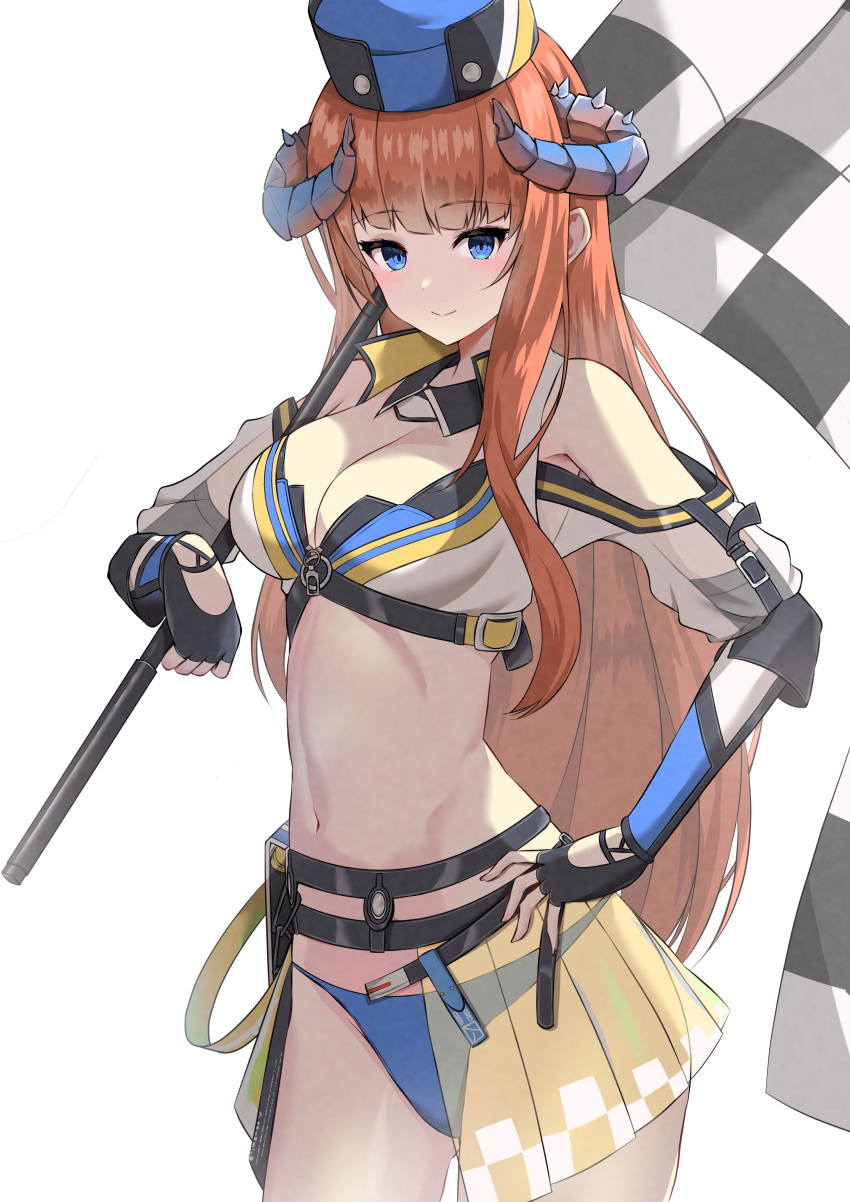 1girl absurdres arknights bagpipe_(arknights) bagpipe_(queen_no._1)_(arknights) bare_shoulders black_gloves blue_eyes blue_headwear blue_panties breasts checkered_flag cleavage clothing_cutout commentary_request cowboy_shot crop_top fingerless_gloves flag gloves highres holding holding_flag horns large_breasts long_hair looking_at_viewer midriff navel official_alternate_costume orange_hair panties partial_commentary shoulder_cutout simple_background smile solo standing stomach thighs underwear very_long_hair white_background yuuki_(fehr2487)