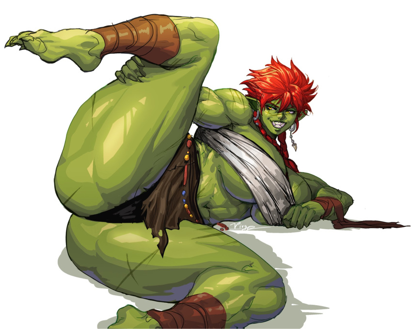 1509virgoart 1girl bare_shoulders breasts chest_sarashi cleavage colored_skin earrings female_orc green_skin grin highres huge_breasts jewelry loincloth looking_at_viewer lying on_side orange_hair orc original pointy_ears sarashi shadow sharp_teeth simple_background smile solo teeth tusks underboob white_background yellow_eyes