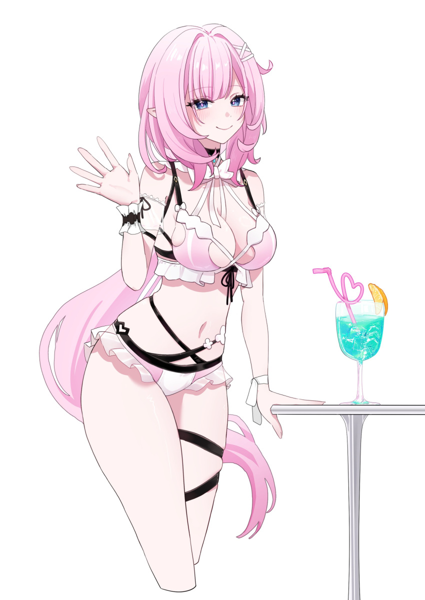 1girl absurdres bare_shoulders bikini blue_eyes bow breasts cleavage closed_mouth commentary_request crazy_straw cropped_legs cup drinking_glass drinking_straw elysia_(honkai_impact) flower frilled_bikini frills hair_ornament hairclip hand_up heart_straw highres honkai_(series) honkai_impact_3rd long_hair looking_at_viewer medium_breasts navel pink_bikini pink_hair pointy_ears qing231 simple_background smile solo swimsuit table very_long_hair white_background white_bow white_flower wrist_cuffs x_hair_ornament