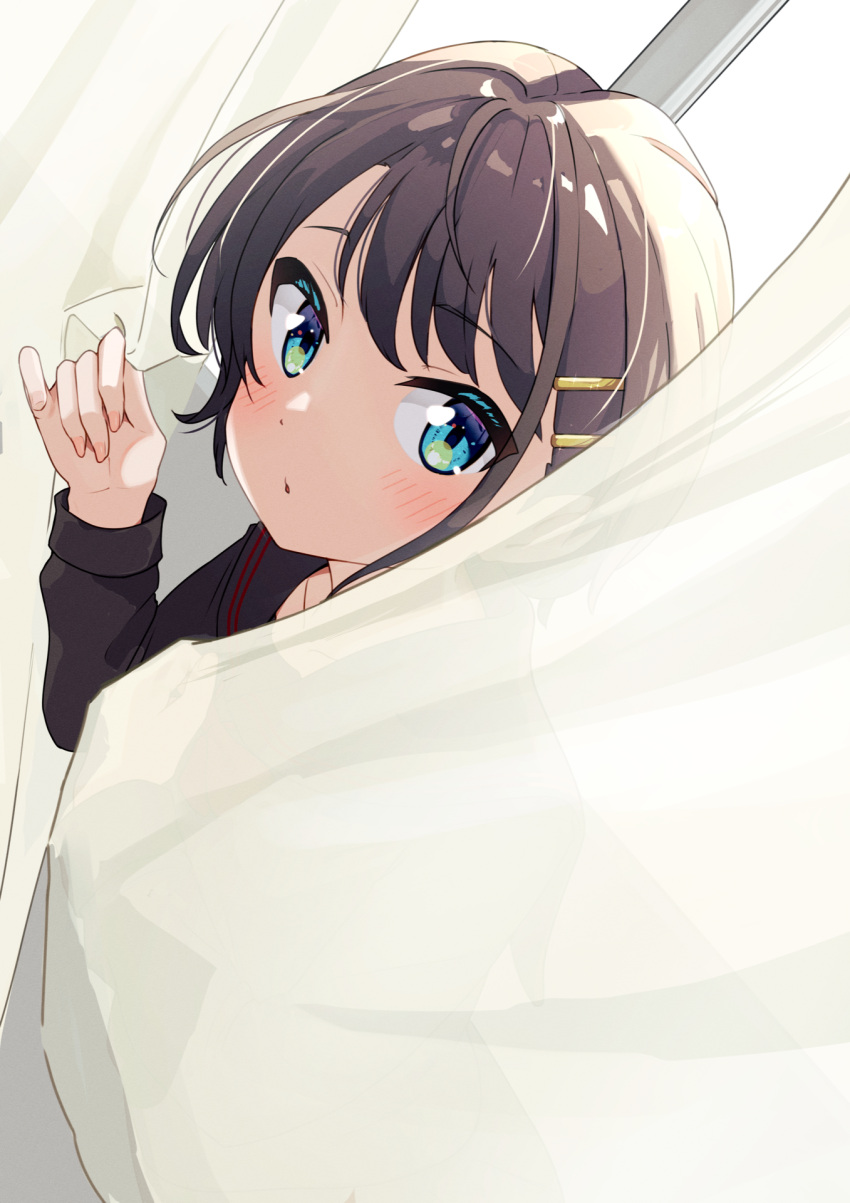 1girl aqua_eyes behind_curtains black_hair black_serafuku blush commentary curtain_grab curtains hair_ornament hairclip highres hololive looking_at_viewer oozora_subaru parted_lips school_uniform serafuku short_hair solo taachika virtual_youtuber window