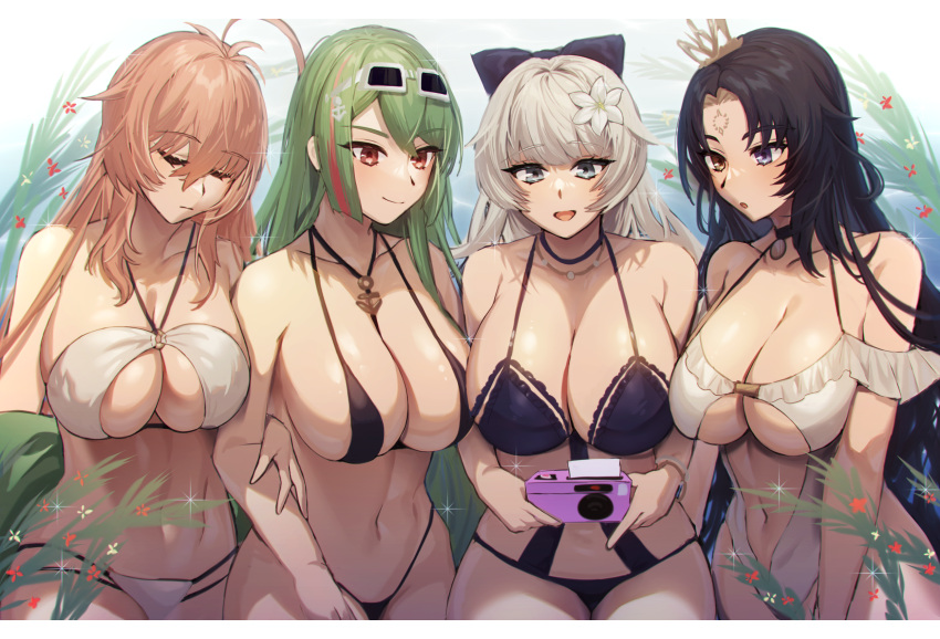 4girls :d :o ahoge anchor_necklace aviator_sunglasses azur_lane bare_shoulders bikini black_bikini black_choker black_hair blue_eyes bow breasts brown_hair camera choker cleavage closed_eyes closed_mouth clothing_cutout collarbone commentary_request commission cowboy_shot crown eyewear_on_head facial_mark flower forehead_mark green_hair grey-framed_eyewear grey_eyes grey_hair group_picture hair_between_eyes hair_bow hair_flower hair_ornament halterneck heterochromia highres holding holding_camera impero_(azur_lane) jewelry large_breasts littorio_(azur_lane) littorio_(the_glory_of_naples)_(azur_lane) long_hair looking_at_viewer looking_down maitei_roppa mini_crown multicolored_hair multiple_girls navel necklace official_alternate_costume one-piece_swimsuit open_mouth parted_lips pixiv_commission purple_bikini purple_bow red_eyes red_hair roma_(azur_lane) sidelocks sitting sleeping smile stomach streaked_hair sunglasses swimsuit underboob_cutout very_long_hair vittorio_veneto_(azur_lane) vittorio_veneto_(the_flower_of_la_spezia)_(azur_lane) white_bikini white_one-piece_swimsuit yellow_eyes