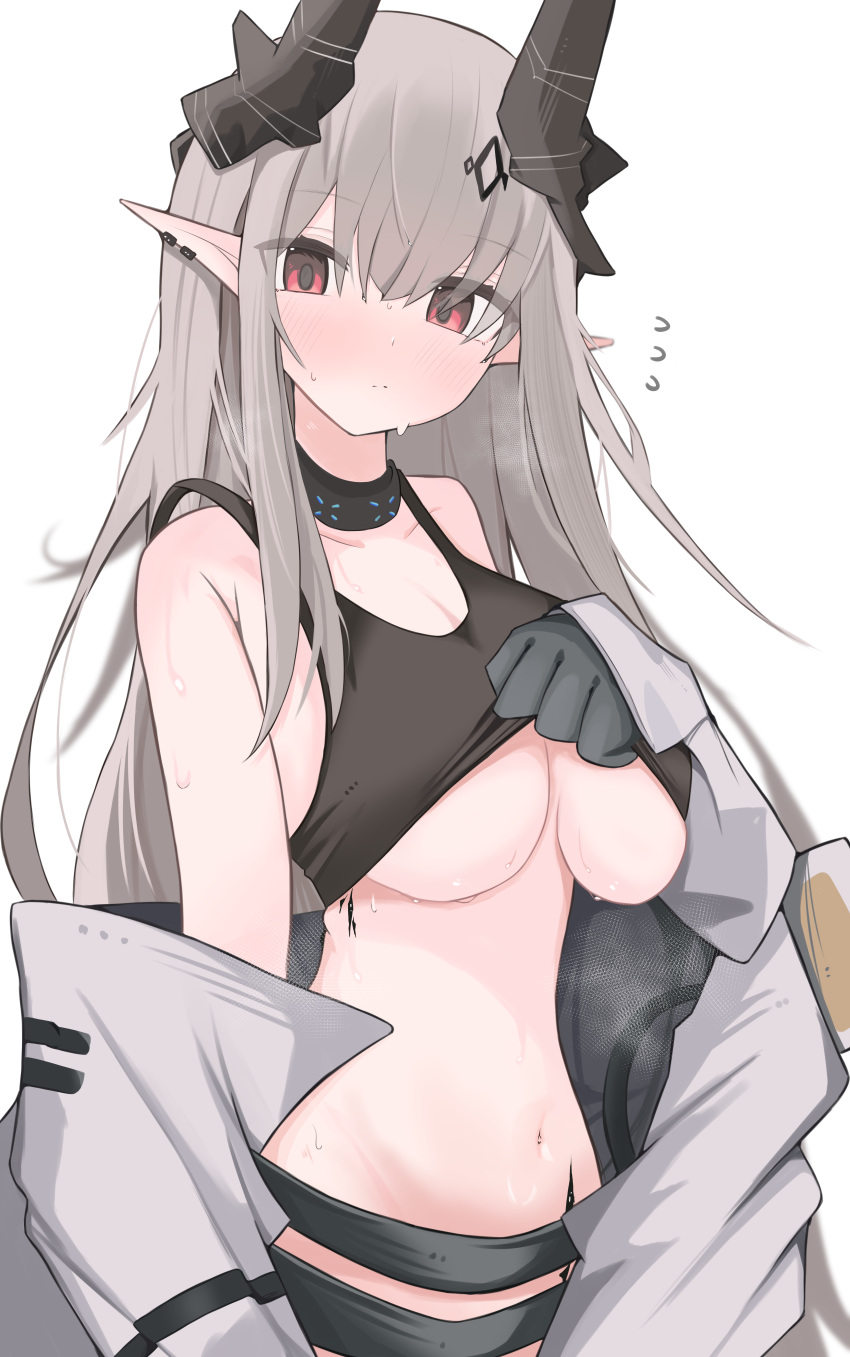 1girl absurdres arknights black_choker black_gloves black_horns blush breasts choker closed_mouth collarbone crop_top gloves grey_hair grey_jacket highres horns jacket large_breasts long_hair long_sleeves looking_at_viewer mudrock_(arknights) navel nui_(nuinui0300) pointy_ears red_eyes simple_background solo stomach sweat sweatdrop white_background