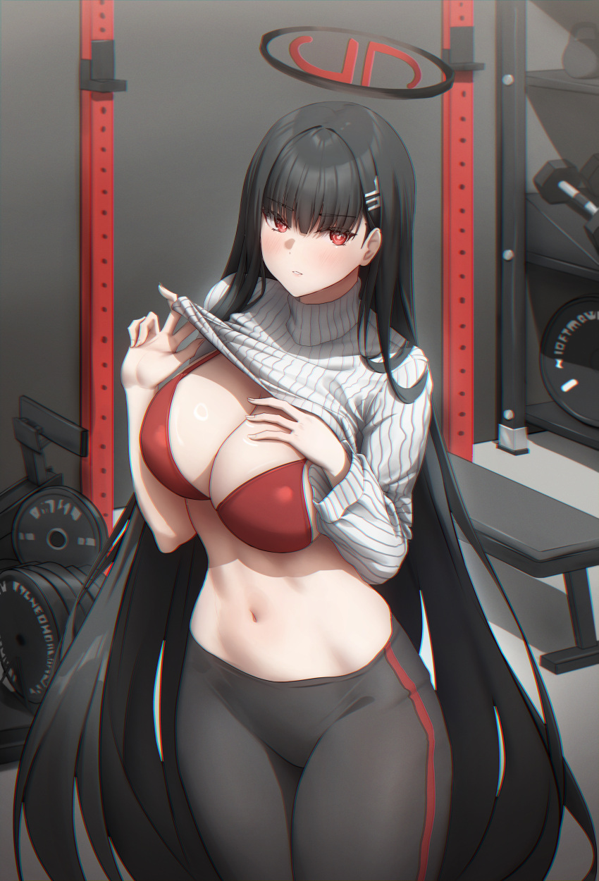 1girl absurdres black_hair black_pants blue_archive blunt_bangs bra breasts bright_pupils clothes_lift commentary dumbbell gileu gym hair_ornament hairclip halo highres large_breasts lifted_by_self midriff navel pants power_rack red_bra red_eyes ribbed_sweater rio_(blue_archive) solo stomach sweater sweater_lift turtleneck turtleneck_sweater underwear weights white_sweater yoga_pants