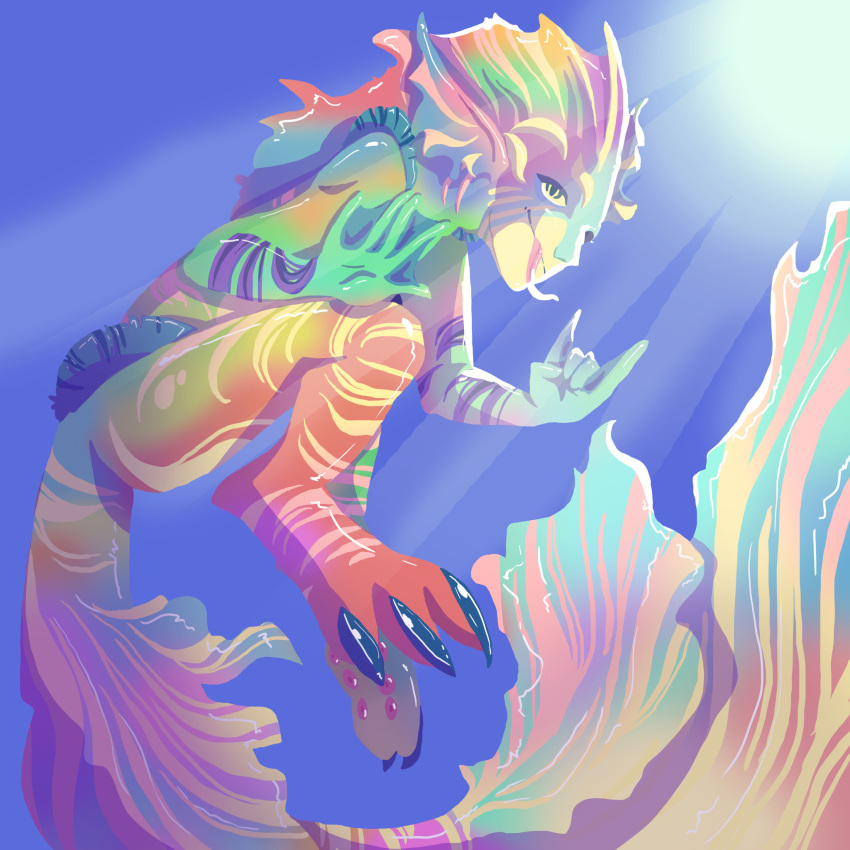 1:1 ambiguous_gender anthro aquarien_(dollightful) aquatic_dragon claws colored digitigrade dollightful_(copyright) dragon ear_fins fin full-length_portrait gills glistening glistening_body glistening_skin head_fin hi_res marine membrane_(anatomy) multicolored_body portrait rainbow_body shaded solo striped_body striped_skin stripes suction_cup tail tail_fin toe_claws tongue tongue_out trashratsaws underwater water webbed_hands