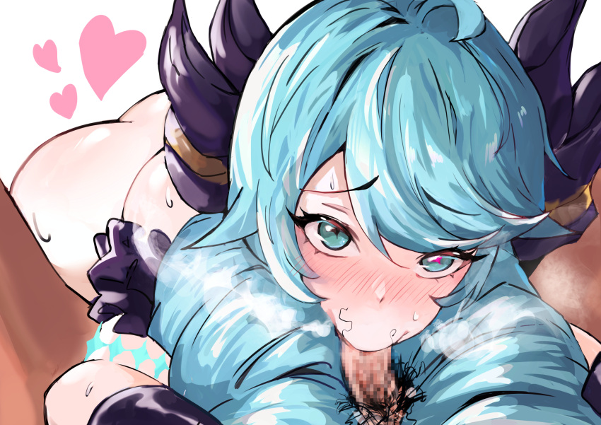1boy 1girl ass black_bow black_sleeves blush bow cola_bcde detached_sleeves drill_hair fellatio green_eyes green_hair gwen_(league_of_legends) hair_bow heart highres league_of_legends long_hair looking_at_viewer male_pubic_hair oral pubic_hair stray_pubic_hair swept_bangs twin_drills twintails white_background