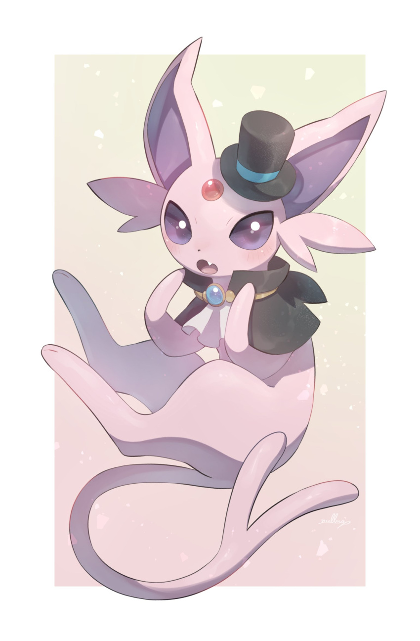 2_toes black_clothing black_hat black_headwear black_nose blush blush_lines clothing colored digital_media_(artwork) digital_painting_(artwork) eeveelution espeon feet feral forked_tail fur fur_tuft generation_2_pokemon glistening glistening_eyes hat headgear headwear hi_res looking_at_viewer nintendo nullma open_mouth pink_body pink_ears pink_fur pink_paws pink_tail pink_tongue pokemon pokemon_(species) purple_eyes quadruped red_gem shadow sharp_teeth signature simple_background solo tail teeth toes tongue top_hat tuft unusual_anatomy unusual_tail white_background