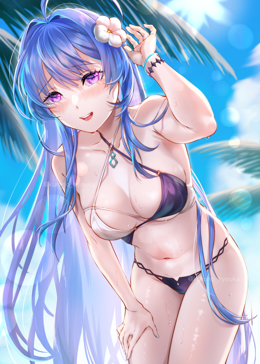 1girl :d absurdres azur_lane beach bikini blue_hair blue_nails blush breasts cleavage commentary_request flower hair_between_eyes hair_flower hair_ornament hand_on_own_thigh hand_up helena_(azur_lane) helena_(shimmering_triangle_wave)_(azur_lane) highres kurono_hyouka leaning_forward long_hair looking_at_viewer medium_breasts nail_polish navel outdoors palm_tree purple_eyes skindentation smile solo sunlight swimsuit teeth thighs tree two-tone_bikini upper_teeth_only very_long_hair white_flower