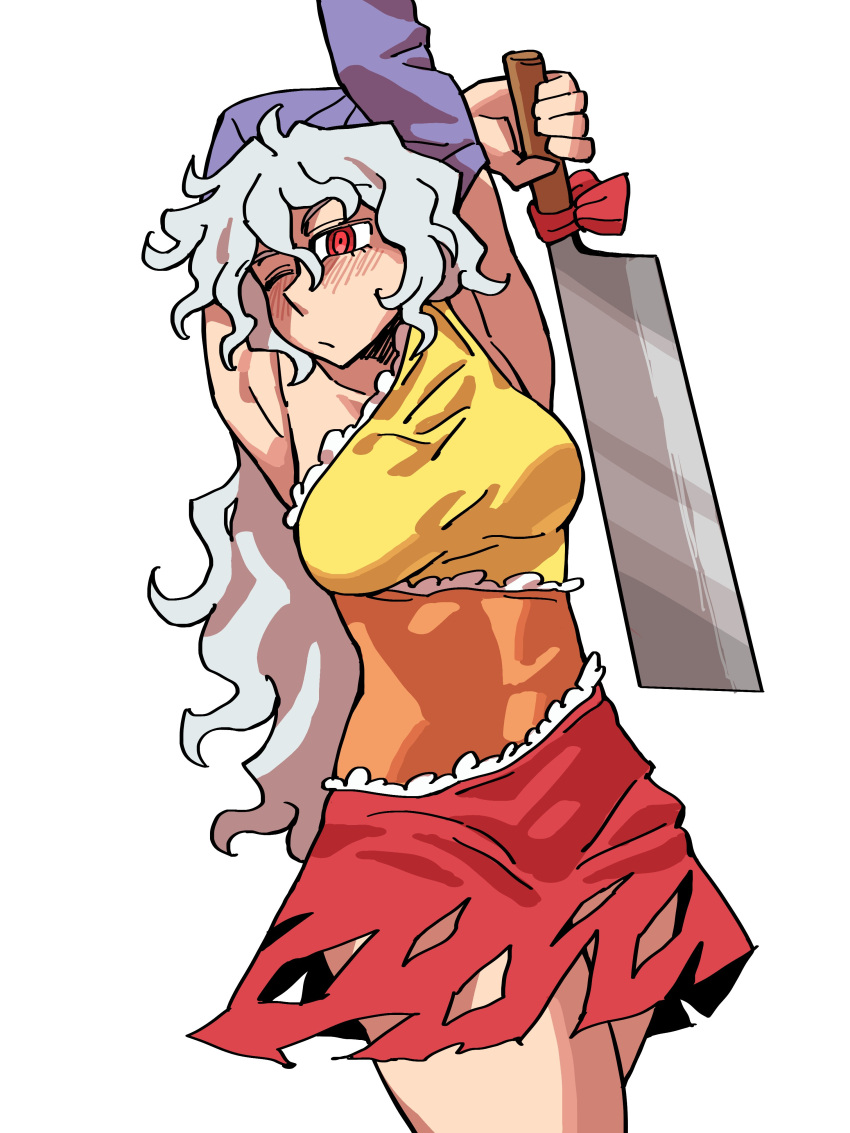 absurdres cleaver dress eddybird55555 grey_hair highres holding_cleaver long_hair looking_at_viewer one_eye_closed red_eyes red_ribbon ribbon sakata_nemuno torn_clothes torn_dress touhou white_background