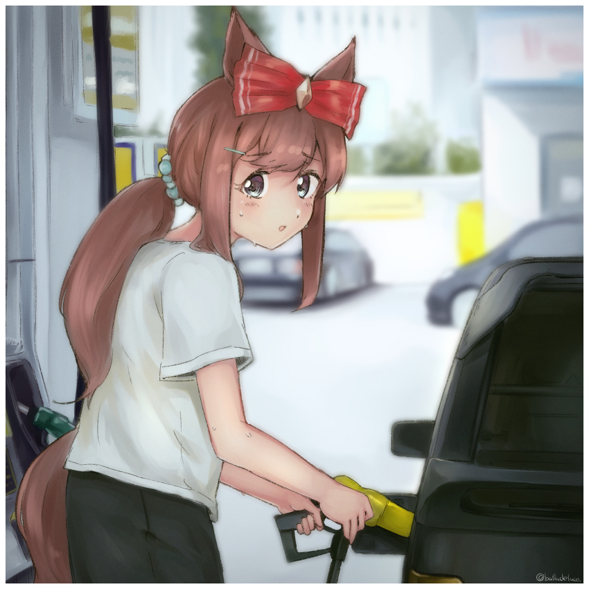 1girl agnes_digital_(umamusume) alternate_costume animal_ears balladeluce blurry blurry_background blush border bow car commentary_request gas_pump gas_station grey_eyes hair_ornament hairclip highres horse_ears horse_girl horse_tail long_hair looking_at_viewer motor_vehicle parted_lips pink_hair ponytail red_bow solo sweat tail twitter_username umamusume white_border