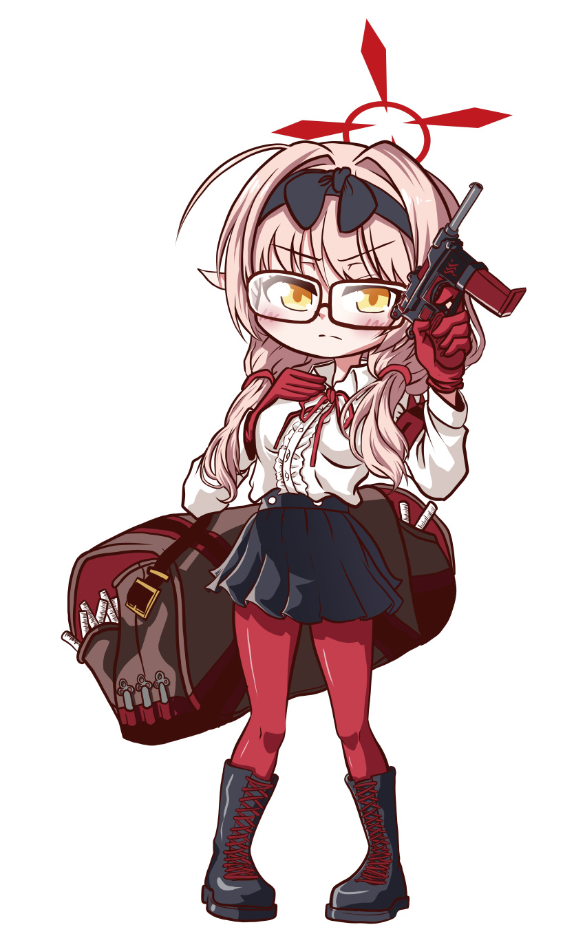 1girl absurdres aghanseonmul bag black_footwear blue_archive boots bow bowtie brown_hair chibi chinatsu_(blue_archive) collared_shirt commentary_request full_body glasses gloves gun hair_between_eyes hair_tubes hairband halo handgun highres holding holding_gun holding_weapon knee_boots long_hair long_sleeves looking_at_viewer low_twintails pantyhose pleated_skirt pointy_ears red_gloves red_pantyhose school_uniform shirt shoulder_bag sidelocks simple_background skirt solo standing transparent_background twintails weapon yellow_eyes