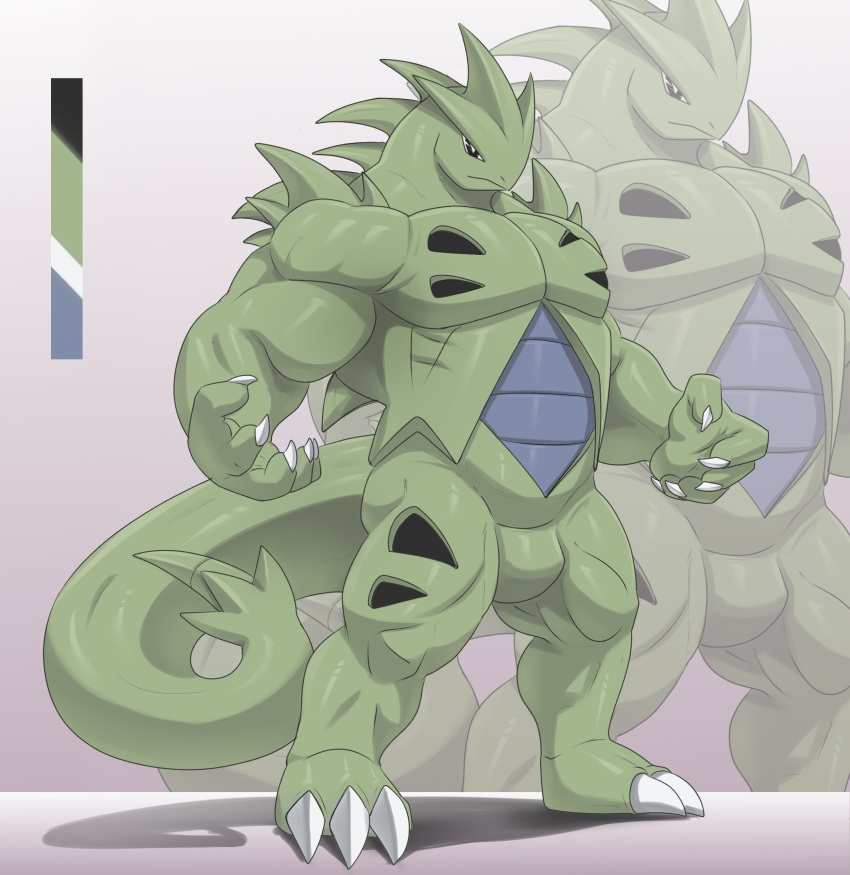absurd_res anthro armor_plates biceps big_arms big_biceps black_eyes blue_body blue_scales claws dark_eyes dinosaur featureless_crotch generation_2_pokemon green_body green_scales green_skin hi_res hole_(anatomy) hybrid male monster muscular muscular_anthro muscular_legs muscular_male muscular_thighs nintendo palette pecs plated_scales pokemon pokemon_(species) pose reptile scales scalie serratus sharp_claws solo spiked_body spiked_tail spikes spikes_(anatomy) tail tyranitar valentinesartx