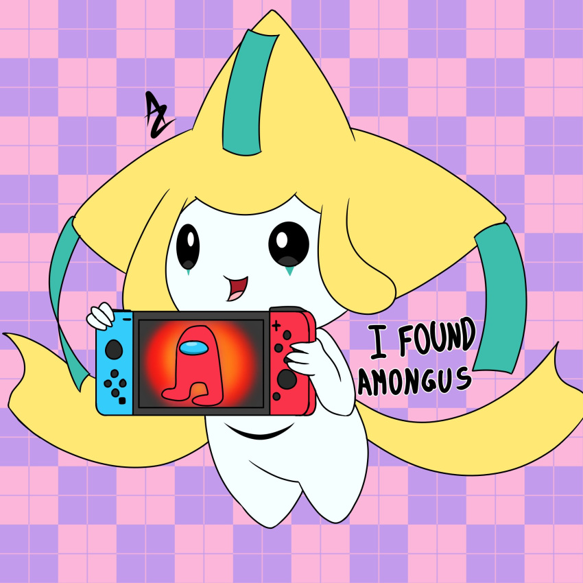 2023 4_fingers alexzozaya ambiguous_gender among_us blonde_hair dialogue english_text feral fingers flying generation_3_pokemon hair happy hi_res holding_object humor icon impostor_(among_us) innersloth jirachi legendary_pokemon meme naturally_censored nintendo nintendo_switch open_mouth photo pink_background pokemon pokemon_(species) shitpost short_hair simple_background smile solo text watermark white_body white_skin