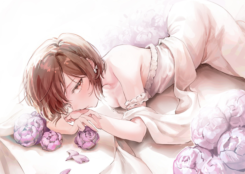 1girl absurdres avcadoandpotato bow braid breasts brown_eyes brown_hair cleavage commentary dress expressionless flower hair_bow highres looking_at_viewer lying medium_breasts on_side petals project_sekai purple_flower shawl shinonome_ena short_hair sidelocks solo symbol-only_commentary white_bow white_dress white_shawl
