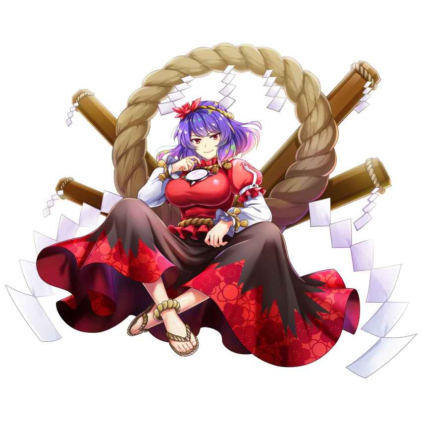 1girl black_skirt breasts brown_footwear closed_mouth full_body game_cg hair_ornament highres large_breasts layered_sleeves leaf_hair_ornament long_sleeves looking_at_viewer mirror onbashira purple_hair red_eyes red_skirt rope rotte_(1109) sandals shide shimenawa short_hair short_over_long_sleeves short_sleeves simple_background skirt smile solo third-party_source touhou touhou_lost_word two-tone_skirt white_background