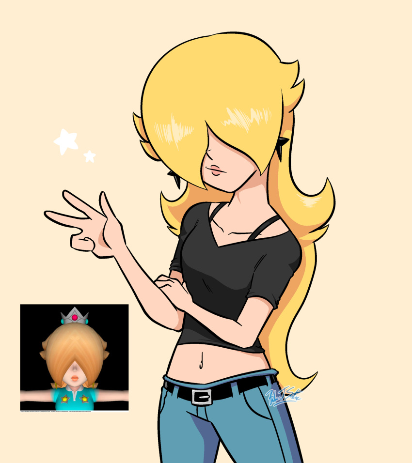 1girl belt bjsinc black_shirt blonde_hair brandon_santiago collarbone earrings hair_over_eyes highres jewelry mario_(series) midriff reference_inset rosalina shirt signature simple_background solo star_(symbol) star_earrings super_mario_odyssey w