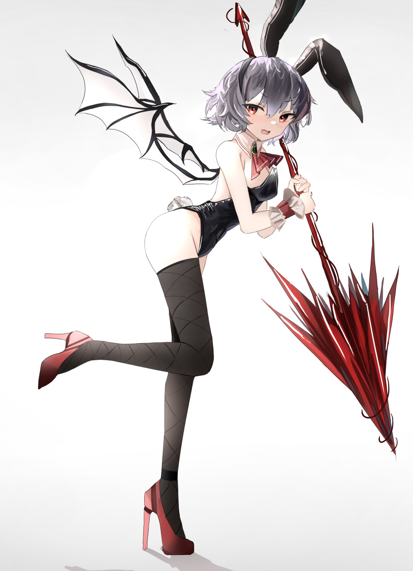 1girl absurdres animal_ears ascot bat_wings black_leotard blue_hair breasts commentary detached_collar fake_animal_ears fake_tail fang foot_up from_side full_body high_heels highleg highleg_leotard highres holding holding_polearm holding_weapon leotard looking_at_viewer ougiikun playboy_bunny polearm rabbit_ears rabbit_tail red_ascot red_eyes red_footwear remilia_scarlet short_hair solo spear spear_the_gungnir strapless strapless_leotard tail touhou vampire weapon wings wrist_cuffs