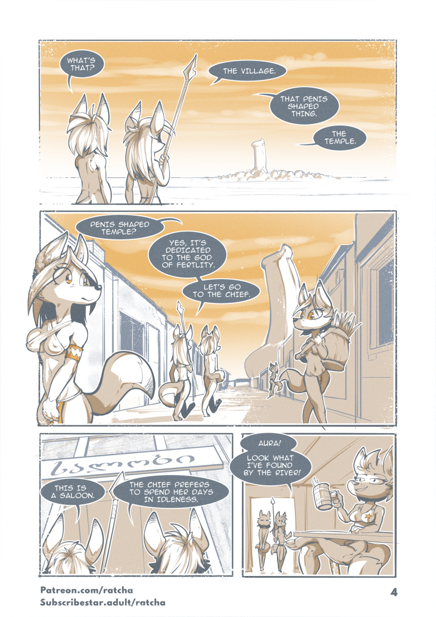2023 absurd_res animal_genitalia animal_penis anthro building canid canine canine_genitalia canine_penis clothed clothing comic covering covering_crotch day dialogue digital_media_(artwork) digitigrade duo_focus english_text female fox genitals group hi_res holding_object knot male mammal melee_weapon nude page_number penis polearm ratcha runes spear tankard temple text tribal_clothing url village weapon yellow_eyes