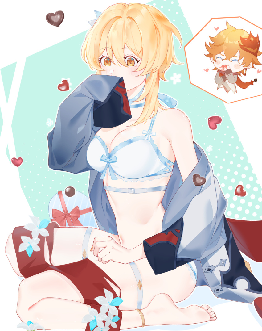 1boy 1girl ^_^ alternate_costume ankle_ring barefoot blonde_hair blood blue_bra blue_panties blush borrowed_clothes bra breasts candy chocolate choker clenched_hand closed_eyes covering_mouth earrings excessive_nosebleed flower food frilled_bra frilled_panties frills genshin_impact green_background grey_jacket hair_between_eyes hair_flower hair_ornament heart heart-shaped_chocolate highres jacket jewelry lumine_(genshin_impact) mask mask_on_head medium_breasts navel nosebleed orange_hair orange_nails panties red_mask red_scarf ribbon_bra ribbon_choker scarf short_hair_with_long_locks sidelocks single_earring sitting solo_focus spoken_character stomach tartaglia_(genshin_impact) thigh_strap underwear wariza white_background white_flower yan_er10 yellow_eyes