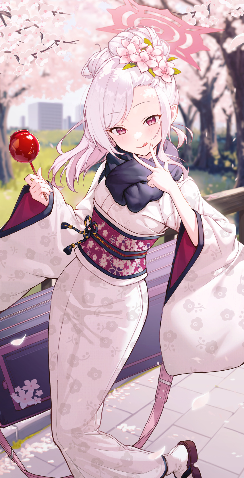 1girl absurdres blue_archive blush candy_apple cherry_blossoms closed_mouth day fingernails flower food goeleu hair_flower hair_ornament halo highres holding holding_food japanese_clothes kimono long_hair long_sleeves looking_at_viewer mutsuki_(blue_archive) mutsuki_(new_year)_(blue_archive) obi official_alternate_costume outdoors pink_flower pink_halo purple_eyes sash smile socks solo tongue tongue_out v white_hair white_kimono white_socks wide_sleeves zouri