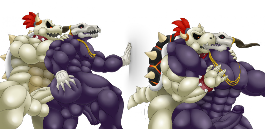 2022 4_fingers 5_fingers abs anal anal_penetration anthro balls bone bracelet claws demon demon_humanoid digital_media_(artwork) dry_bowser duo elias_ainsworth fingers genitals hi_res horn humanoid jewelry kissing koopa male male/male mario_bros muscular muscular_anthro muscular_male nintendo nipples non-mammal_balls nude penetration penis red_eyes scalie shell simple_background skull skull_head spiked_bracelet spikes the_ancient_magus_bride undead woofmadness