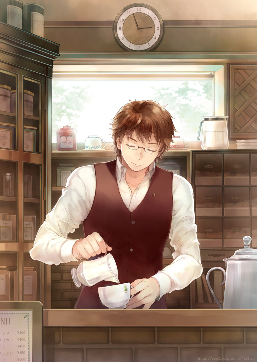 1boy barista black_vest book bookshelf brown_hair cabinet clock closed_eyes cup day facing_viewer highres indoors long_sleeves male_focus menu original pitcher_(container) pouring shirt short_hair solo takeda_mika teacup vest white_shirt window