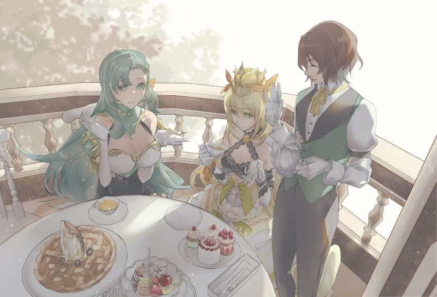 1boy 2girls absurdres aiueokoso blonde_hair blue_hair brown_hair cake celine_(fire_emblem) chloe_(fire_emblem) closed_eyes crown cup dress fire_emblem fire_emblem_engage food gloves green_eyes highres holding holding_cup long_hair long_sleeves looking_at_another louis_(fire_emblem) multiple_girls short_hair sitting standing table tea very_long_hair white_gloves