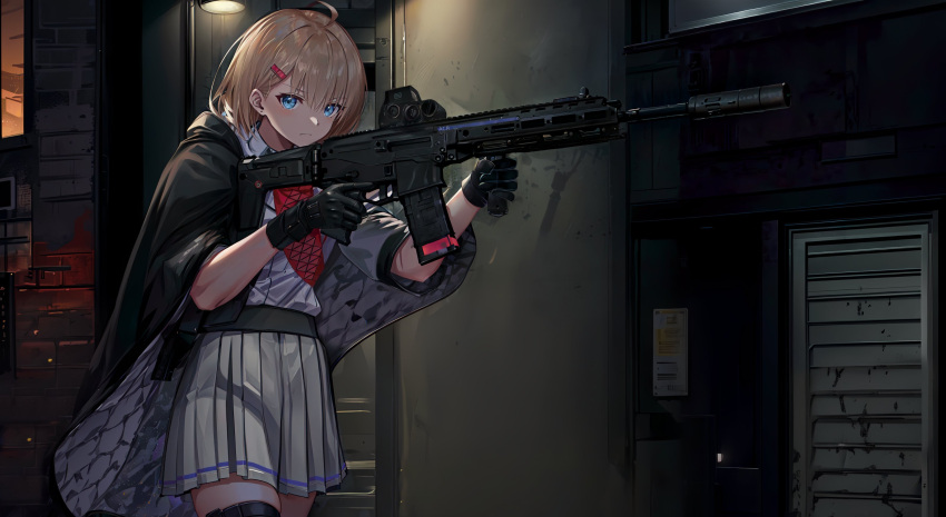 1girl acr_(girls'_frontline) adaptive_combat_rifle ahoge assault_rifle black_jacket blue_eyes brown_hair building closed_mouth collared_shirt commentary english_commentary girls'_frontline grey_skirt gun hair_between_eyes hair_ornament hairclip highres holding holding_gun holding_weapon jacket looking_at_viewer name_connection object_namesake outdoors pleated_skirt rifle shirt short_sleeves skirt solo sunset takemorikohoto weapon white_shirt